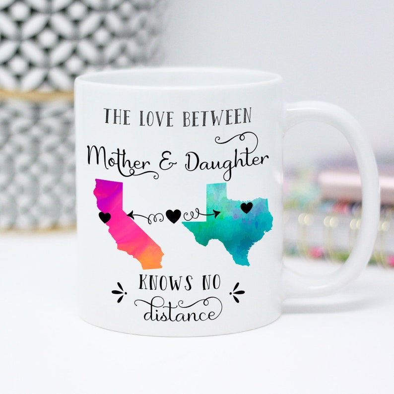 Mother Daughter Long Distance State Mug, All States, Hearts Over Cities, Mother Daughter Gift, Gift from Daughter, Gift from Mom, Cup image 1