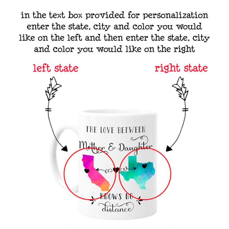 Mother Daughter Long Distance State Mug, All States, Hearts Over Cities, Mother Daughter Gift, Gift from Daughter, Gift from Mom, Cup image 3