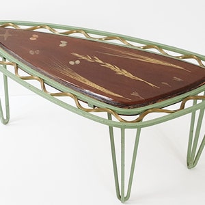 French tripod coffee table in steel and resin with herbarium inclusion, 1950s vintage, 50s rockabilly