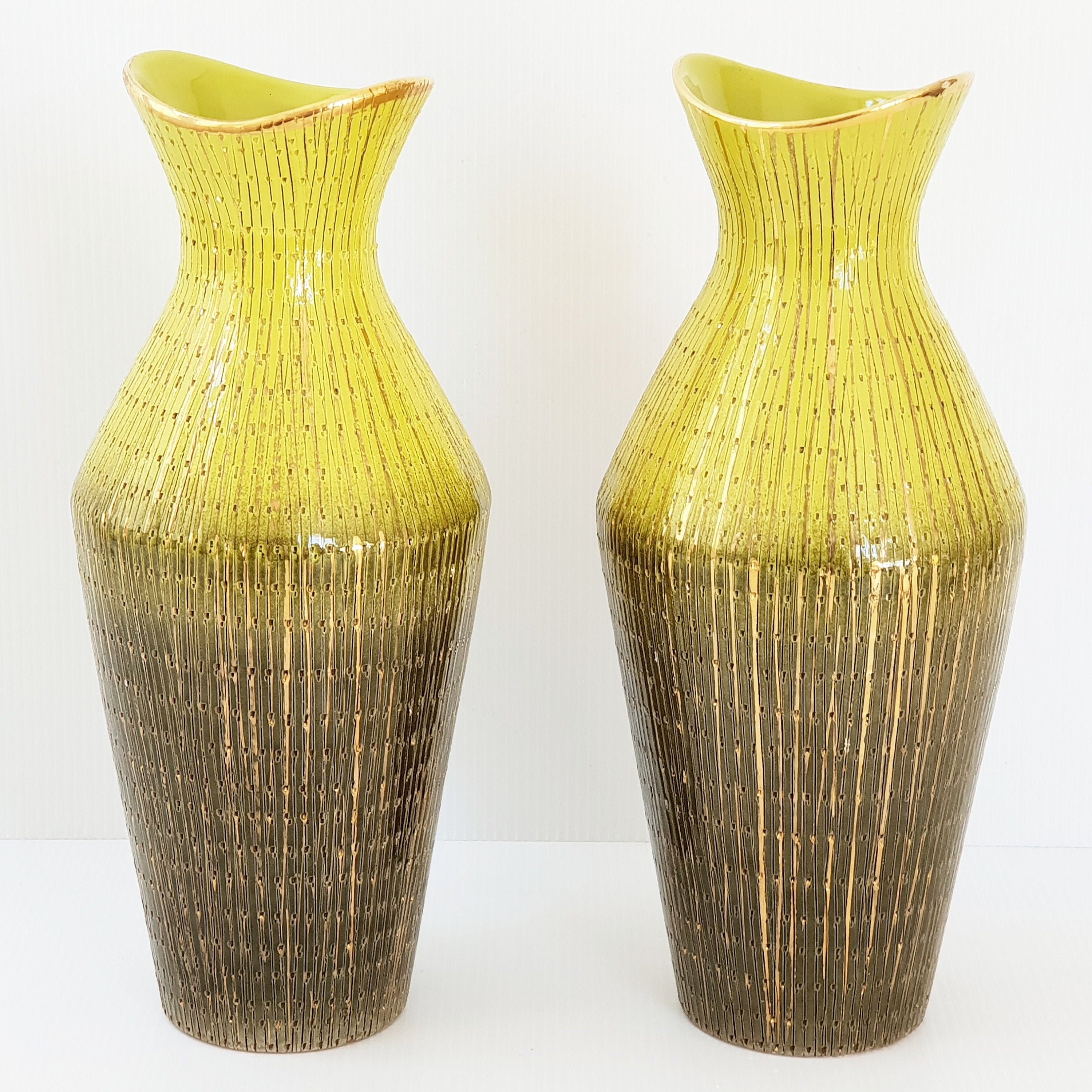 Paire de Vases Italiens V540/32 en Céramique Jaune & Dorée 1950 Vintage 50S 50's Rockabilly