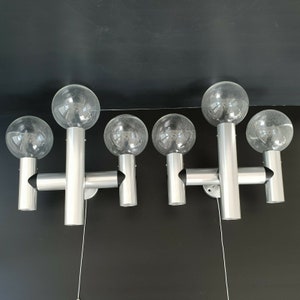 Pair of vintage wall lamps 1960 space age in brushed steel & glass 60s 1960s