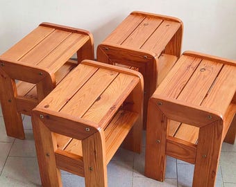 Suite of 4 vintage 1970 pine side tables nightstands luggage racks stools