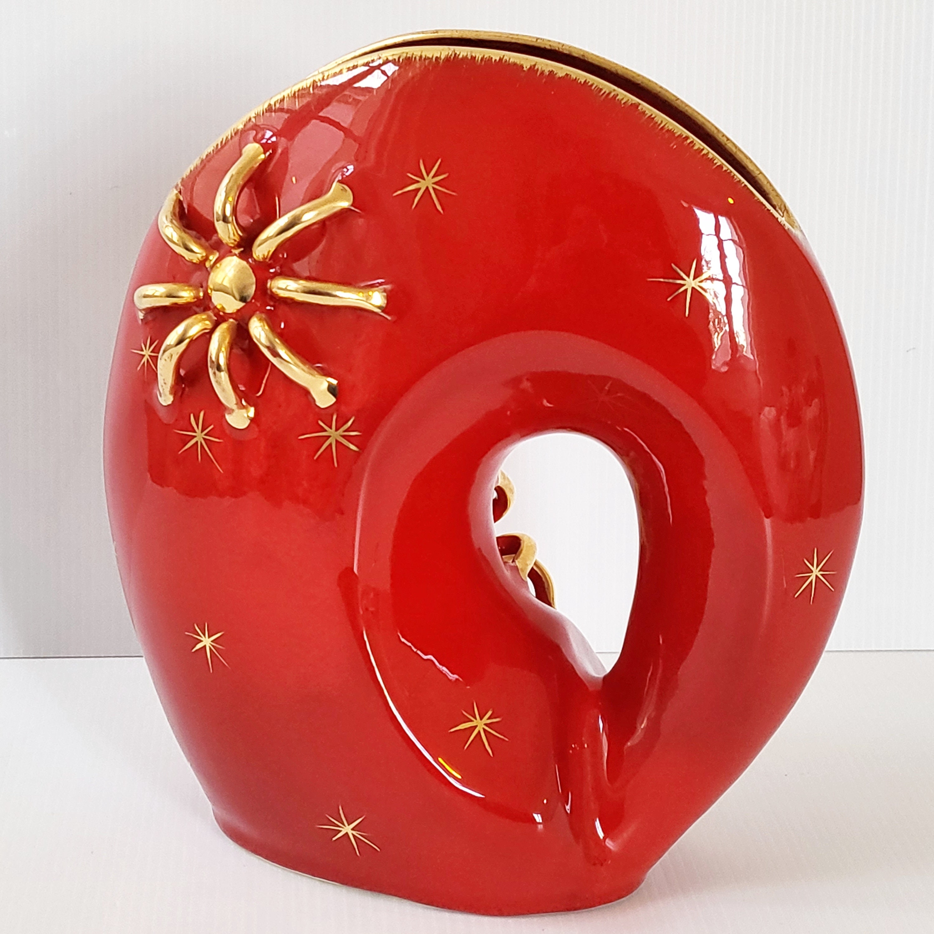Vase Vintage Français 1960 en Céramique Rouge & Dorée 60S 1960S