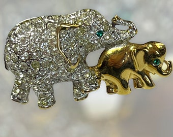 Vintage Gold Tone Diamanté Elephant And Calf Brooch