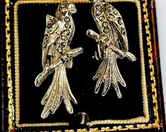 Vintage Silver Tone Marcasite Parrot Clip On Earrings