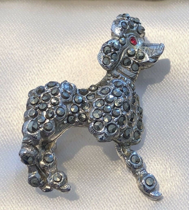 Vintage Silver Tone Marcasite Dog Poodle Brooch