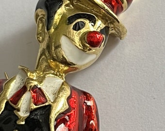 Vintage Gold Tone Enamel Red Clown Brooch