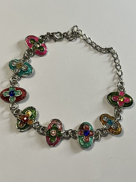 Vintage Silver Tone Enamel Multicoloured Flowers B