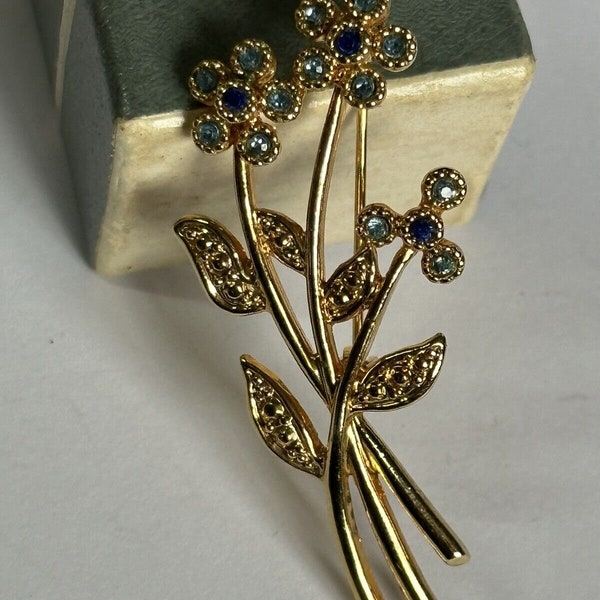 Vintage Gold Plated Movitex Flower Spray Blue Stone Brooch