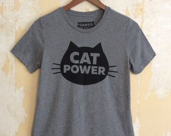 Cat T-Shirt Cat Power, Women's Cat T-Shirt, Relaxed Fit Gray tee