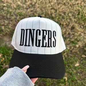 DINGERS Baseball Hat | Embroidered 3D Cap | Baseball Mom | Game Day Hat | Trendy Baseball Apparel | Pinstripe Baseball Hat