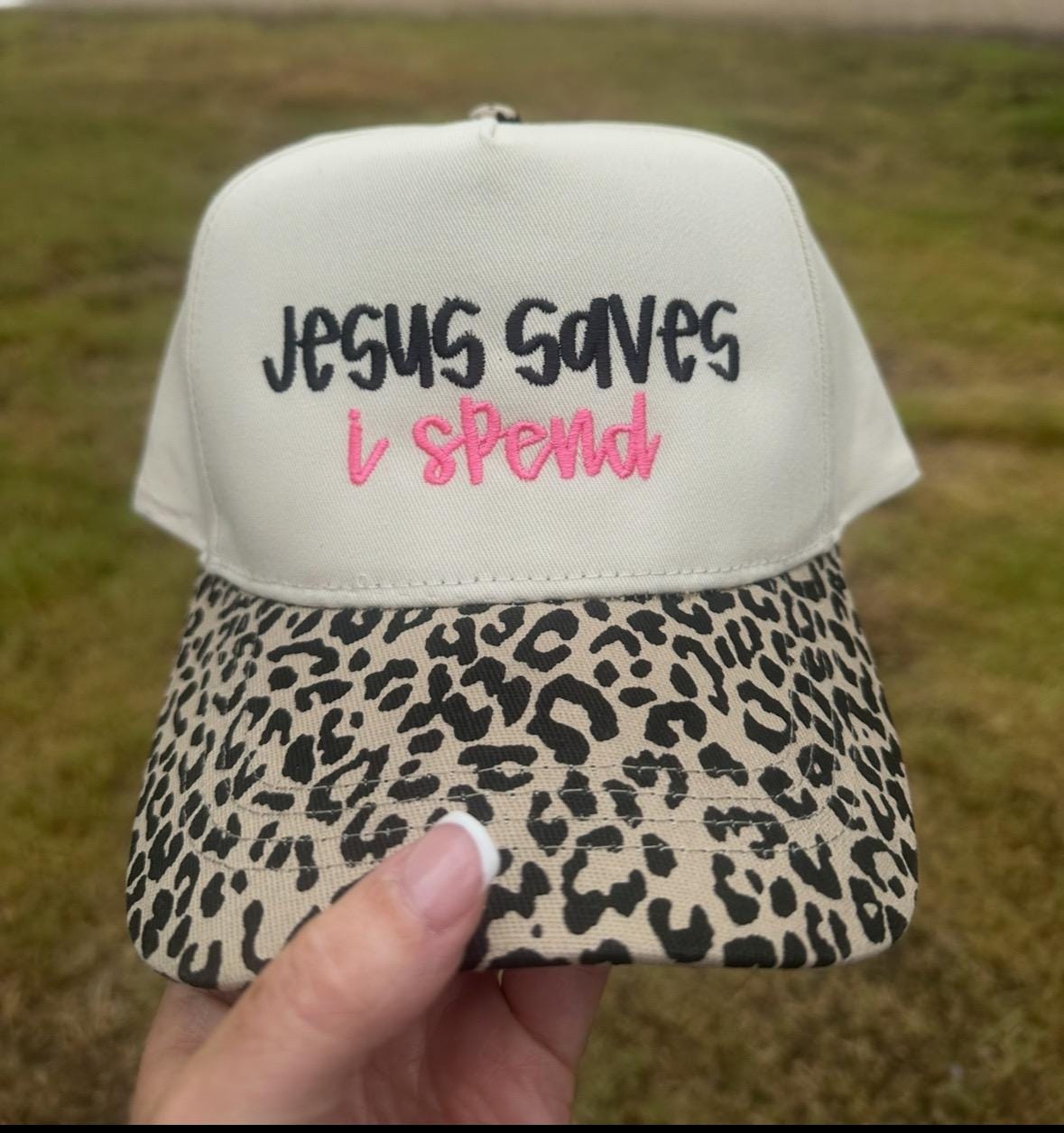 Beige & Leopard \'Jesus Saves I Spend\' Trucker Hat Jesus Saves I Spend Leopard Vintage Hat / Vintage Trucker  main image 3