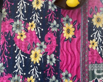 Kantha Handstitched Quilt Large 57x90 Reversible Throw Bedspread Hand Cotton Blanket Boho Floral Textile