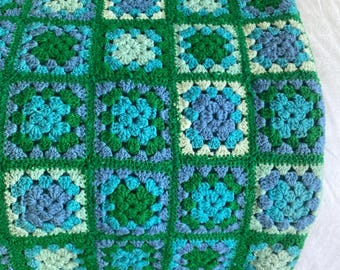 Vintage Crochet Granny Square Blanket | Blue Green Afghan Throw | Handmade Knit Bedspread | Retro Cottage Decor | Boho Textile