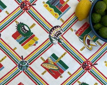 Vintage Novelty Mexican Inspired Tablecloth | Colorful Print Sombrero & Maracas | Fiesta Kitchen Decor party Cinco de Mayo Fabric for Crafts