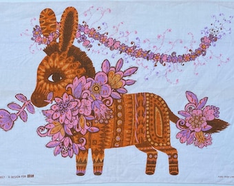Vintage Oxfam Donkey Tea Towel | Irish Linen | Rare Floral Folk Art | Collectible Textile Wall Art | Belinda Lyon