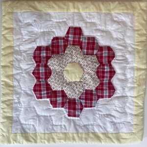 Vintage Grandmother’s Flower Garden Quilt Pillow Cover, Handmade Patchwork Pillow, Red Yellow Floral Cottage Decor