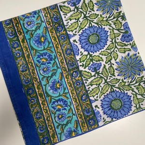 Petal Pushing Hand Printed Cotton Tablecloth 40x60 Blue Floral Indian Block Print Table Topper