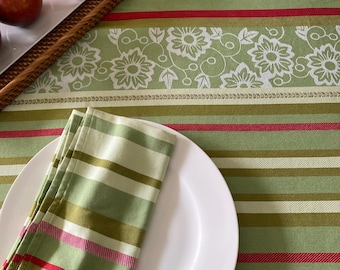 Anne de Solene French Table Linens: Sage Green Striped Floral Tablecloth and Napkins Set