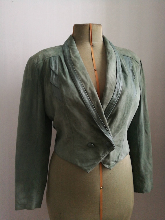 Mint green cropped leather jacket, 80's vintage su