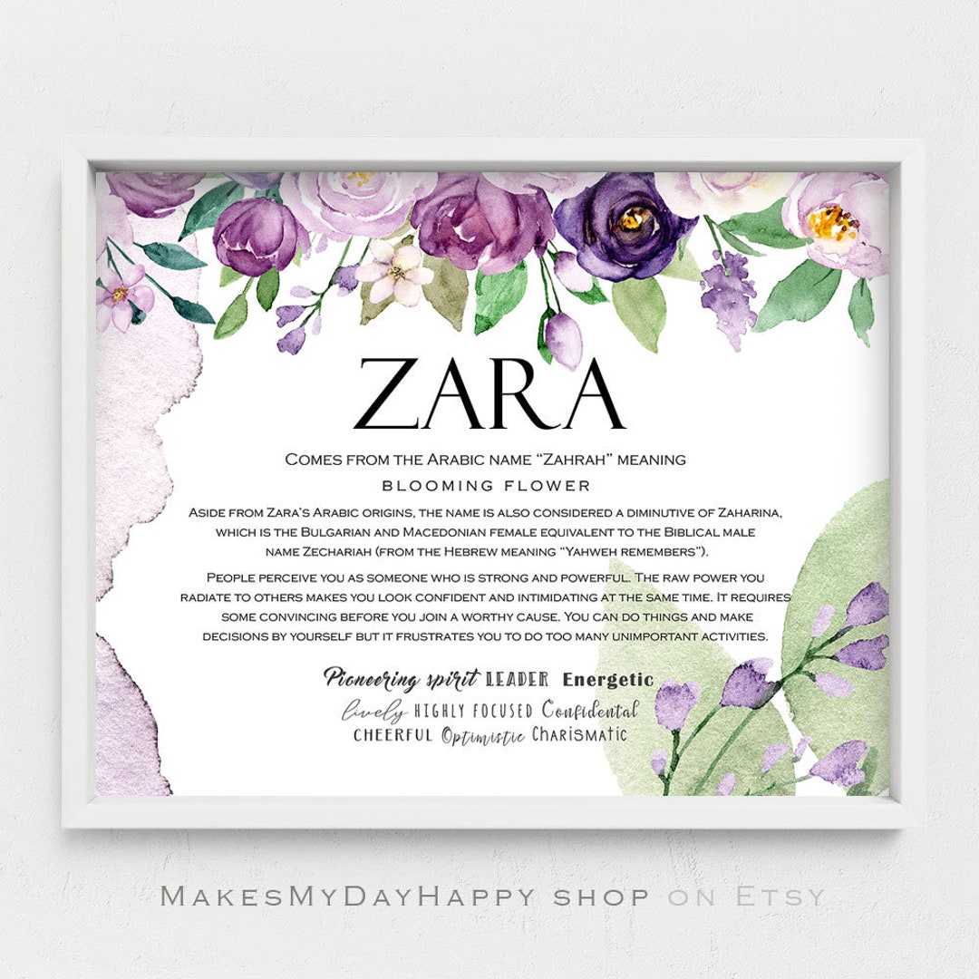 Zara Name Meaning,arabic Names,name Description,purple Floral,name Sign