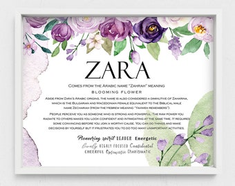 Zara name meaning,Arabic names,Name description,Purple floral,name sign wall art,First name origin,Custom Name meaning,Last minute gift idea