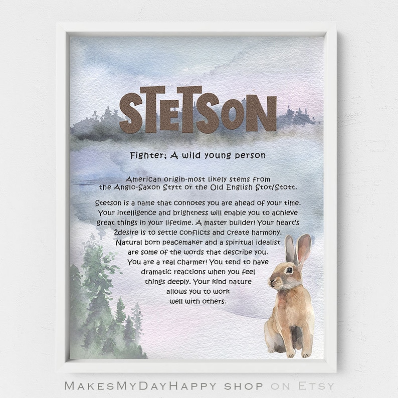 Stetson Name Meaning,First name wall art,Cute rabbit,little bunny nursery,Given name references,Forest creature,evegreen forest landscape image 1