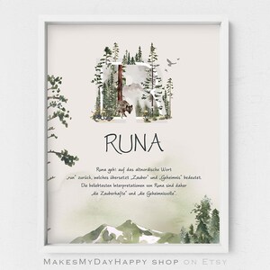 Runa Name Meaning,Personalized Germany baby shower gift,Forest nature art,wolf poster,Watercolor wood,snowy mountain art,Christmas gift