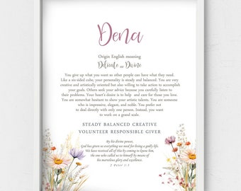 Dena name meaning,Personalized gift,Meadow flowers,Name sign wall art,Custom Printable Meaning of Name,wild flowers,new baby room poster