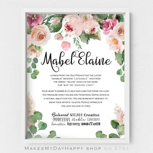 Personalized name meaning,Name origin wall art,Mabel Elaine name,Custom Printable Meaning of Name,Adult Birthday gift,Best friend present