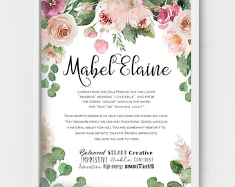 May include: A printable digital download with a floral design and the name Mabel Elaine. The text explains the meaning of the name and lists personality traits associated with it. The text reads: "Comes from the Old French (via the Latin) "Amabilis" meaning "loveable" and from the Greek "Helios" which is the word for "sun" or "shining light". Your heart's desire is to help and care for those you love. You treasure family values and traditions. Giving advice is a natural ability for you. You are somewhat hesitant to show your artistic talents. People appreciate the love you give to them. Balanced Steady Creative Impressive Noble Confident Inventive High-energy Ambitious"
