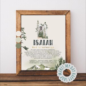 Isaiah Personalized Name meaning,Custom First Name Printable Wall art,Watercolor forest kids room decor,Green Mountains landscape