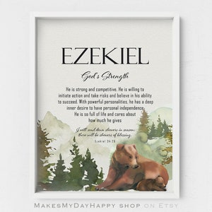 Ezekiel Name Meaning,First name wall art,Hebrew nursery,Biblical meaning,Bear nursery art,Personalized Given name references,Mama bear