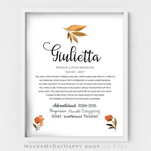 Giulietta name meaning,Minimalist Floral art,Custom first Name,French Names meaning,Name origin,Autumn leaves,Personalized nursery poster