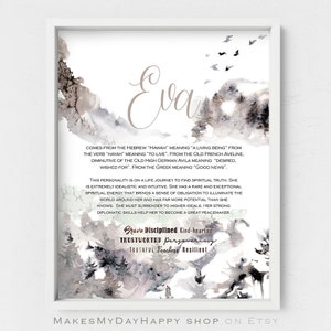 May include: A framed art print featuring the name "Eva" in elegant script above a watercolor landscape. The print includes text describing the name's origins and personality traits, with words like "Brave" and "Trustworthy".