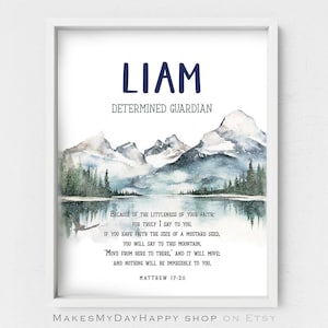 Liam name meaning,Personalized gift,Biblical meaning,evergreen forest,snowy mountains kids room decor,Game room custom poster,lake landscape