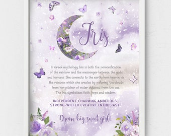 Iris name meaning,purple violet moon,Custom baby shower gift,first name floral nursery,butterflies wall print,new mom digital gift,Name art