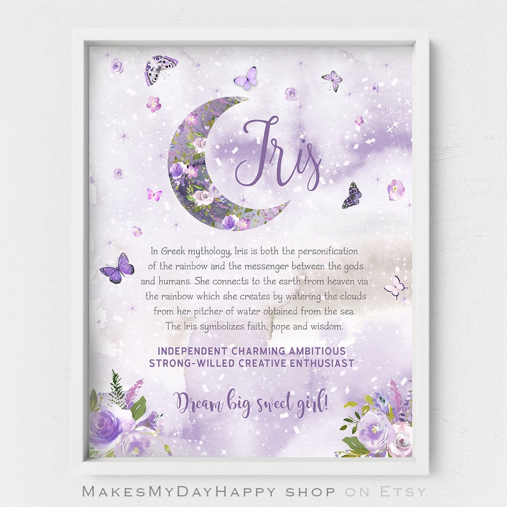 Iris name meaning,purple violet moon,Custom baby shower gift,first name floral nursery,butterflies wall print,new mom digital gift,Name art