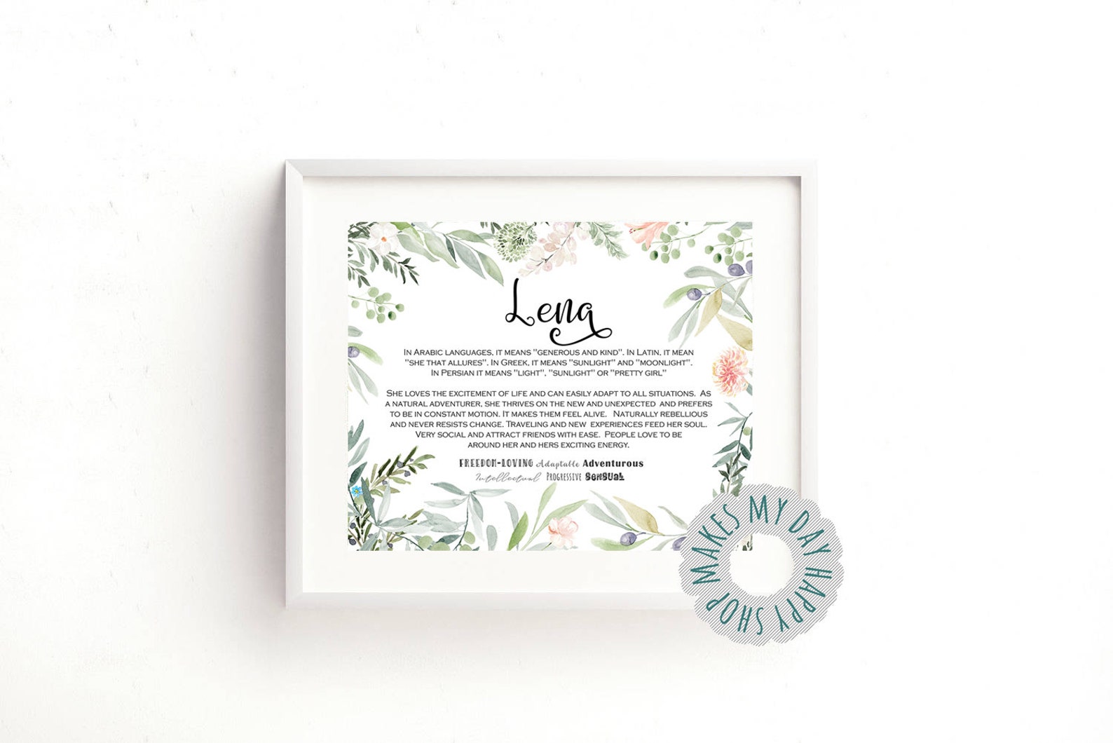 Lena Name Meaning Printable Wall Artgreen Leaf Personalized Etsy