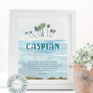 Caspian name wall art,Personalized Name meaning,Summer baby shower gift,blue aqua nursery decor,Palm trees and sandy island,Beach and sea