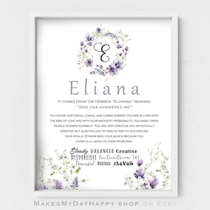 Eliana Name meaning,First name poster,Personalized gift,Purple floral,Floral motif name origin,Last minute gift,Hebrew meaning of name