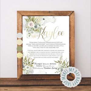 Kaylee name meaning,First name floral wall art,Custom first Name,Greenery wall print,Personalized name sign,baby shower floral decor