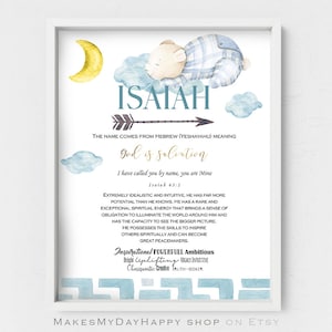 Isaiah name wall art,Sweet Dream in the clouds,Sleeping animal,watercolor moon star cloud,Custom Name meaning,newborn gift,nursery decor