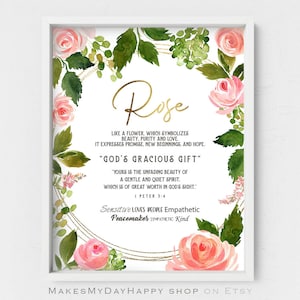 Rose name meaning,1 Peter 3,Biblical meaning,Custom name origin,Watercolor pink roses,Name traits,First name wall art,Personalized print