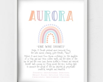 Aurora custom name meaning,pastel color Rainbow,First name poster,rainbow nursery Illustrations,last minute kids personalized birthday gift