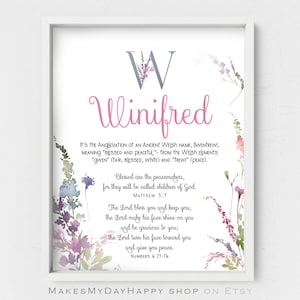 May include: A watercolor print with a floral design and the name Winifred in pink lettering. The print also includes a large letter W in gray and a quote about peacemakers from the Bible.