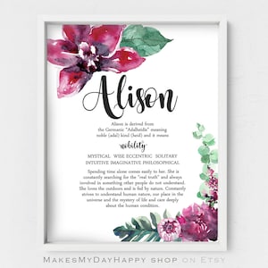 Personalized name meaning decor,Sign Name wall art,Alison name,Custom Printable Meaning of Name,Adult Birthday gift,Best friend present