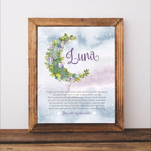 Luna name meaning,Custom Name Personalized Art Print with Meaning of Name,baby shower gift,nursery art,new mom gift,newborn gift,new baby