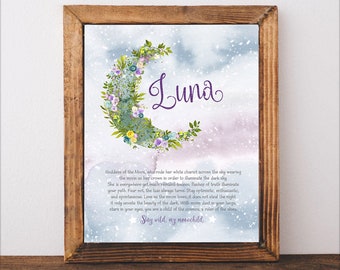 Luna name meaning,Custom Name Personalized Art Print with Meaning of Name,baby shower gift,nursery art,new mom gift,newborn gift,new baby