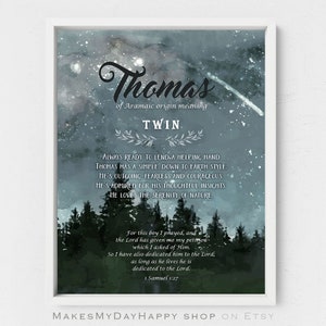 Custom first name meaning,Thomas name,Printable evergreen forest kids room decor,mountains landscape nursery,night sky stars,digital art